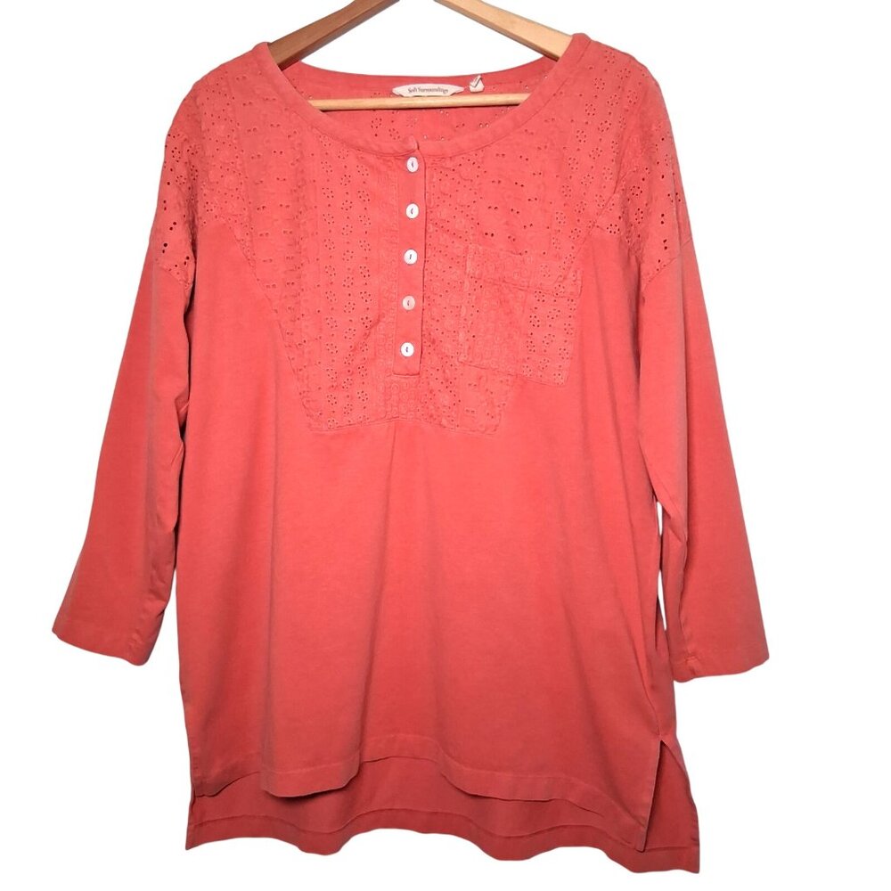 Soft Surroundings Tunic Henley Shirt Large Coral Knit Lace Eyelet Button Up - Picture 1 of 14